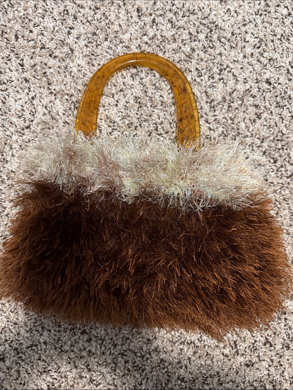 Faux Fur Brown Shoulder Bag with Cream Accent and Amber Handle